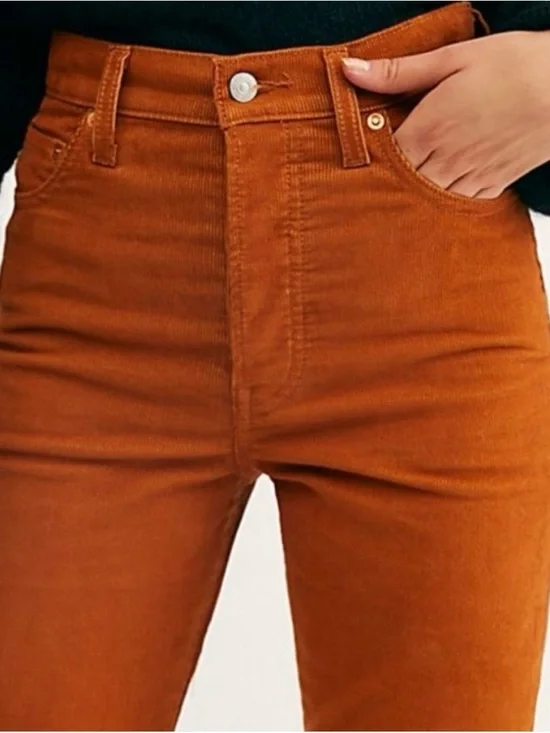 Levi's Premium Ribcage Flare Corduroy Pants Burnt Orange Rust High Rise Size 24 - Picture 3 of 15